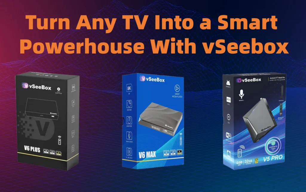 vSeeBox V6 series 8K Android TV boxes — V6 Pro, V6 Plus and V6 Max promotional poster
