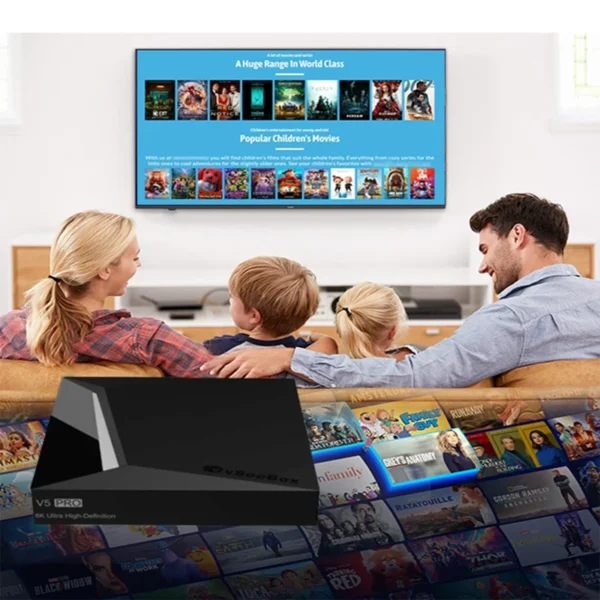 Family using the vSeeBox V5 Pro Android hardware device with a home display
