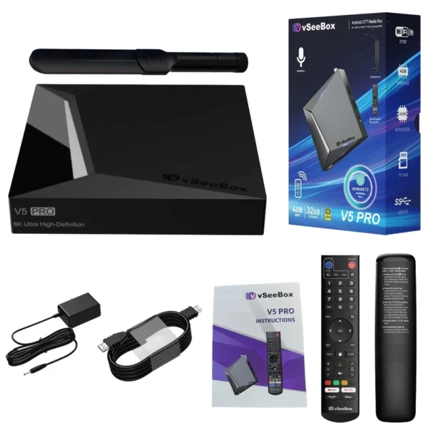 vSeeBox V5 Pro complete unboxing kit with antenna, remote, HDMI cable, power adapter and manual
