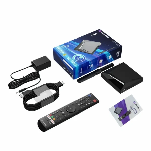 vSeeBox V5 Pro Android TV box unboxing with packaging, remote control and cables