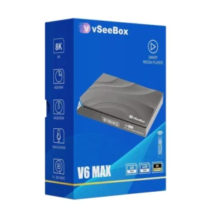 vSeeBox V6 Max Android hardware device with 8K HDR output and retail packaging