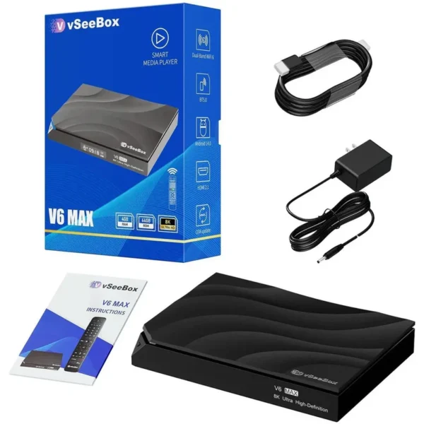 vSeeBox V6 Max complete unboxing kit with remote, power adapter, HDMI cable and manual