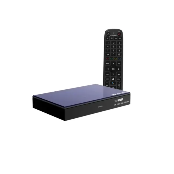 vSeeBox V6 Plus Android hardware device with remote control, 4 GB RAM, 64 GB storage, and 8K HDR output