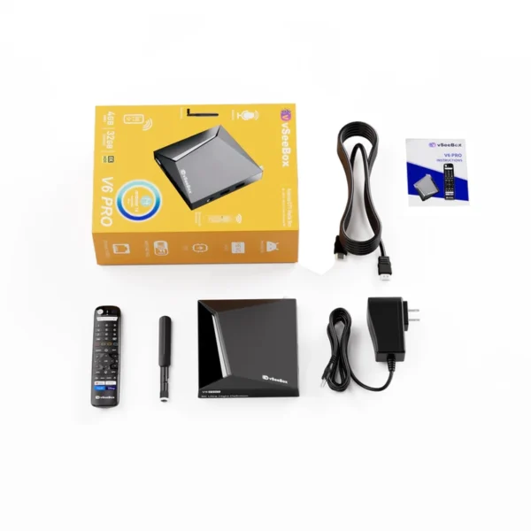 vSeeBox V6 Pro complete unboxing kit with remote, antenna, power adapter, HDMI cable and manual