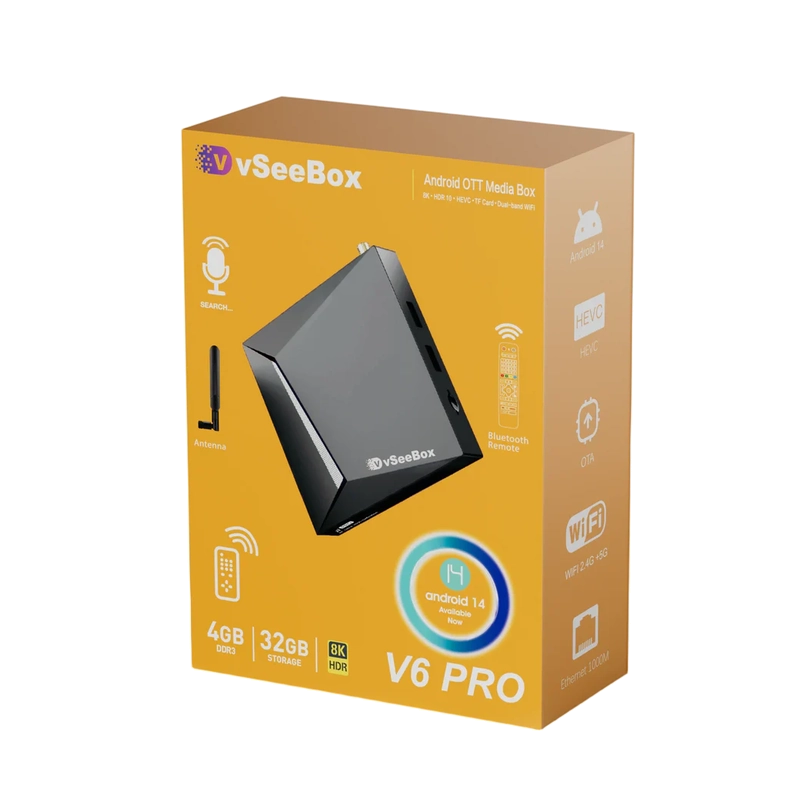 vSeeBox V6 Pro 8K Android TV box with 4GB RAM and 32GB storage
