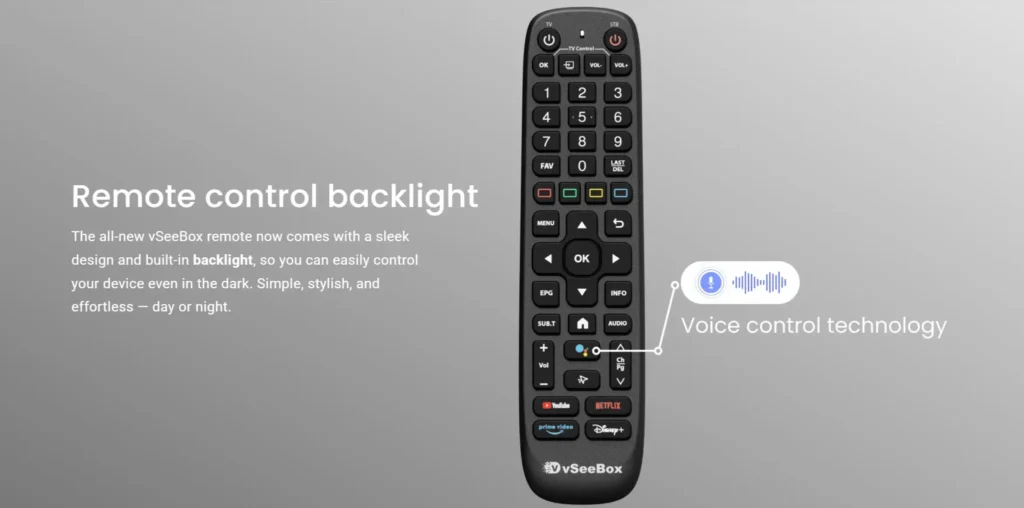 vSeeBox remote control with backlit buttons and voice control for V5 Pro, V6 Plus, V6 Pro, and V6 Max