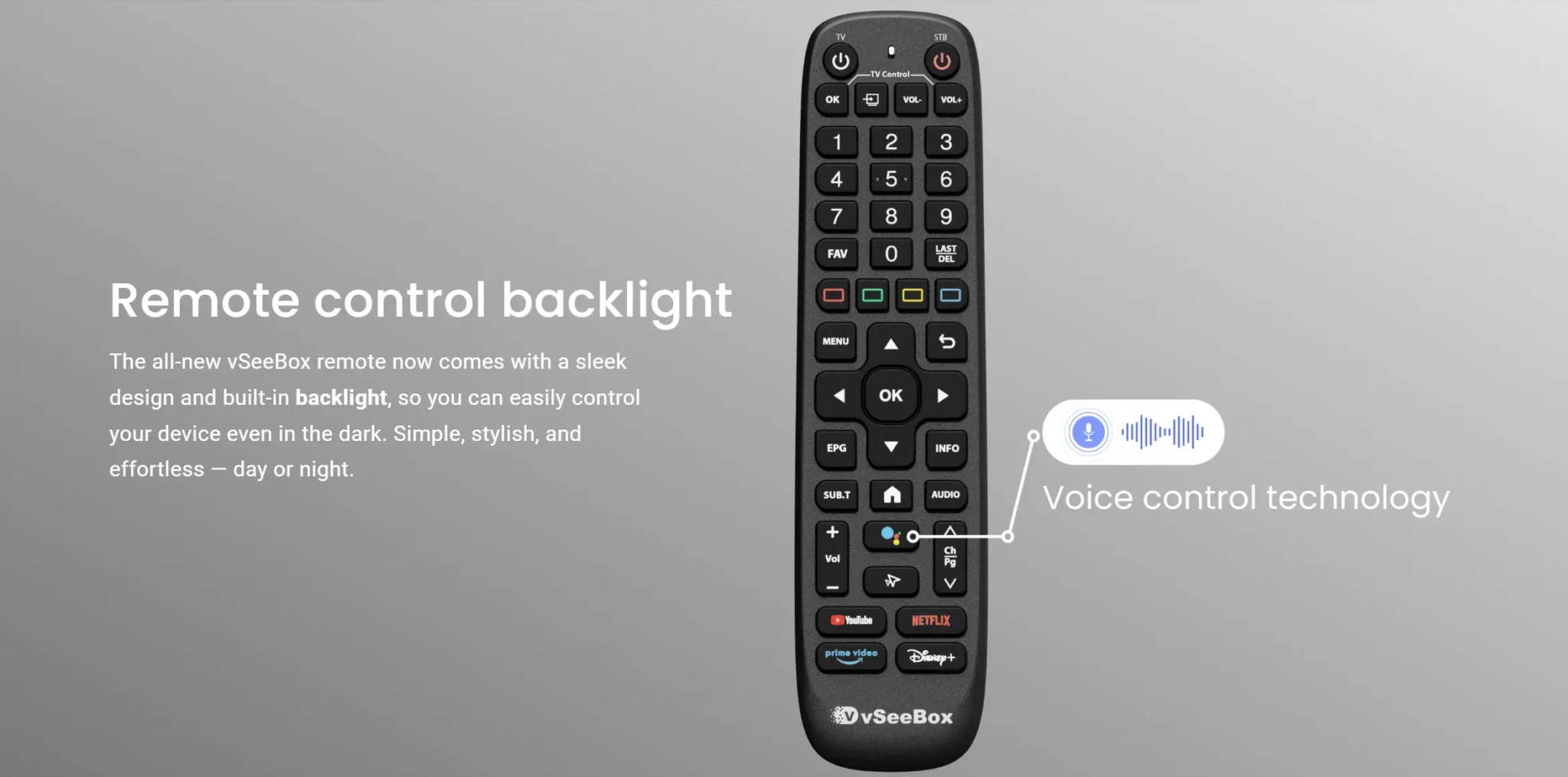 vSeeBox remote control with backlit buttons and voice control for V5 Pro, V6 Plus, V6 Pro, and V6 Max